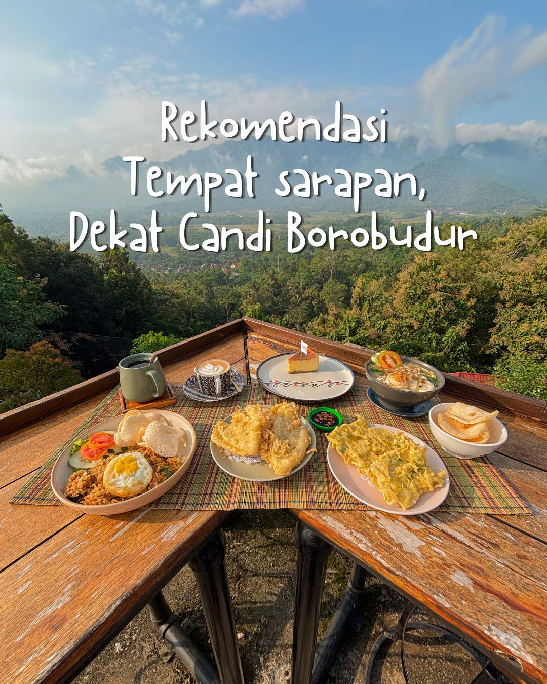 Sarapan bakmi djowo dan kopi menoreh di Kedai Bukit Rhema dengan pemandangan sawah